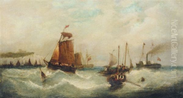 Vessels Off The Coast In Choppy Waters Oil Painting by Edwin Hayes