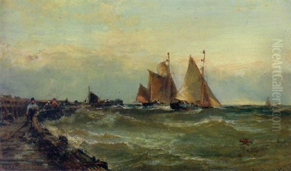 North Sea Trawlers Leaving Great Yarmouth Oil Painting by Edwin Hayes