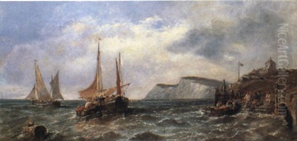 Fishing Smacks Off The Coast Oil Painting by Edwin Hayes