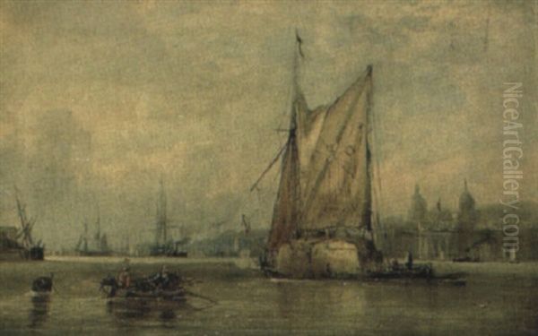 Hay Barges On The Thames Before The Royal Naval College Greenwich Oil Painting by Edwin Hayes