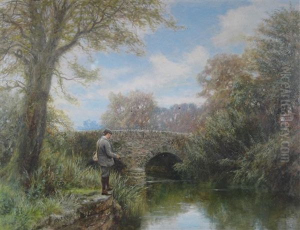 A Fisherman On A Riverbank Oil Painting by Frederick William Hayes