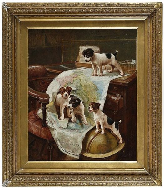 World Domination, Four Puppies In A Library Over A Creased Map Of The World Oil Painting by John Hayes