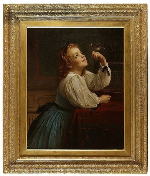 Freedom, Depicting Young Girl In A Panelled Interior, Holding A Small Bird In Her Left Hand, Leaning By A Cage Oil Painting by John Hayes