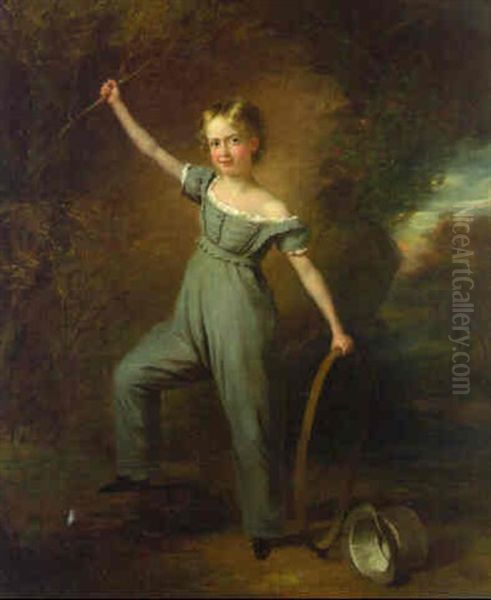 Portrait Of A Young Boy Holding A Hoop Beside A Grey Top Hat, In A Landscape Oil Painting by John Hayes