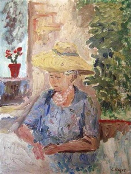 Femme Au Chapeau De Paille Dans Son Jardin - Pontoise Oil Painting by Louis Hayet