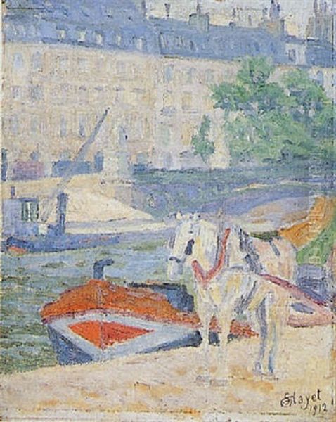 Paris, Quai De Seine, La Peniche Rouge Oil Painting by Louis Hayet