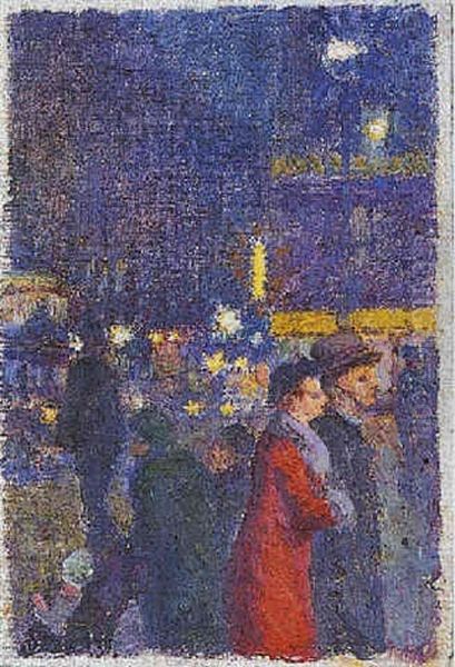 Scene De Rue Parisienne, La Nuit Oil Painting by Louis Hayet