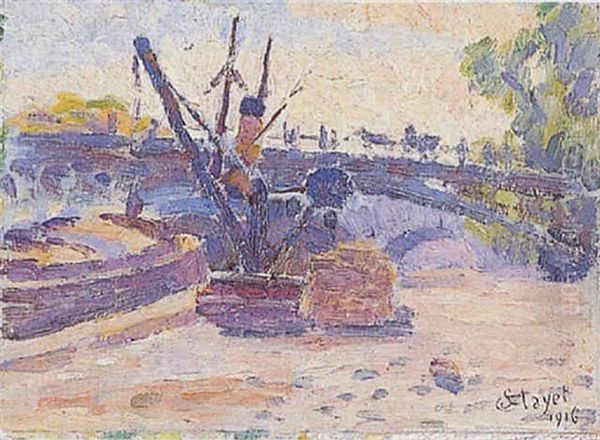 Paris, Les Peniches A Quai Oil Painting by Louis Hayet