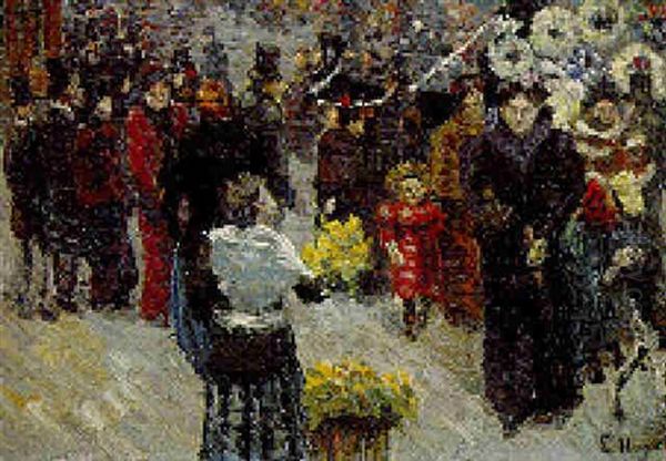 La Fleuriste Sur Les Grands Boulevards A Paris Oil Painting by Louis Hayet