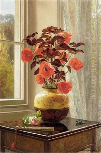 Oriental Poppy And Coleus In A Cloisonne Vase, With A Fan On A Faux Bamboo Table Oil Painting by Jessica Hayllar