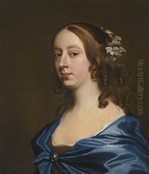 Portrait Of Miss Middleton, Bust-length, In A Brown Dress With A Blue Cape Oil Painting by John Hayls