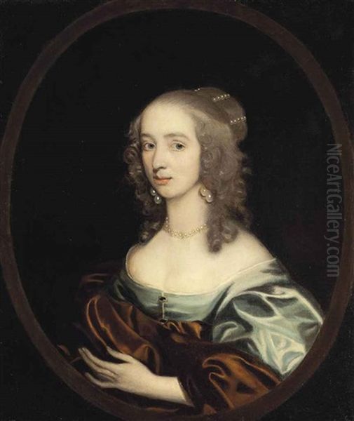 Portrait Of A Lady, Bust-length, In A Blue Dress With A Rust Wrap, Wearing A Pearl Necklace And Earrings, In A Painted Oval Oil Painting by John Hayls