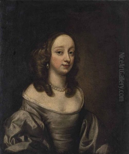 Portrait Of Lady Alice Egerton (1619-1689), Half-length, In A Grey Silk Dress And Pearls Oil Painting by John Hayls