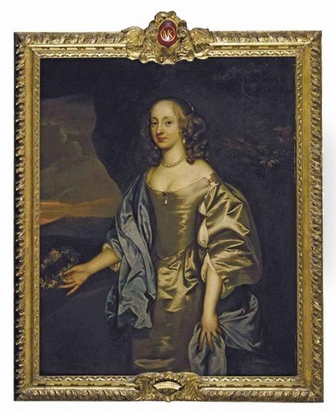 Portrait Of Lady Mary O'kenealy In An Oyster Satin Dress With A Blue Mantle, Holding A Garland Of Flowers, In A Landscape Oil Painting by John Hayls