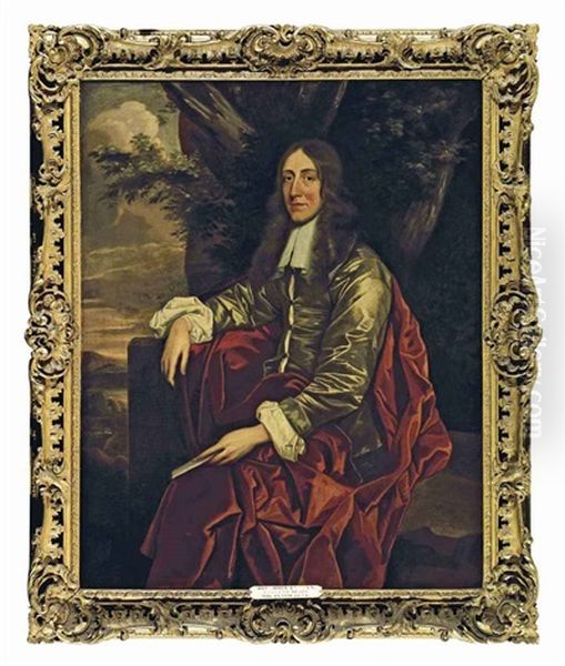 Portrait Of A Gentleman (john Evelyn?) Diarist And Writer In A Brown Satin Coat And A Red Cloak Holding A Letter, Seated In A Landscape Oil Painting by John Hayls