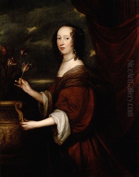 Portrait Of Lady Ingleby Standing Beside An Urn Of Tulips, Wearing A Brown Dress And A Pearl Necklace Oil Painting by John Hayls