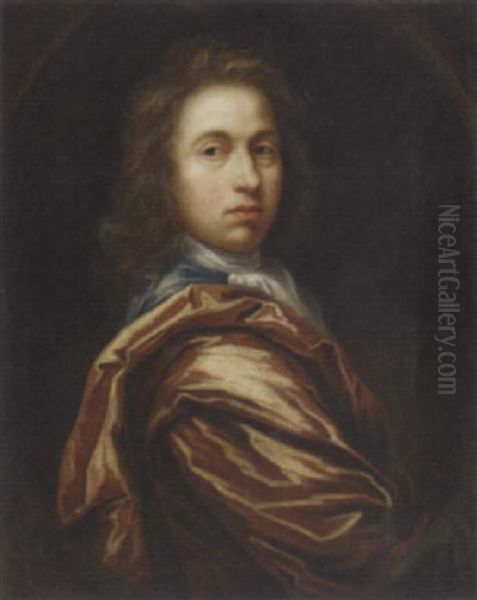 Portrait Of A Gentleman In A Blue Coat And Red Robe Oil Painting by John Hayls