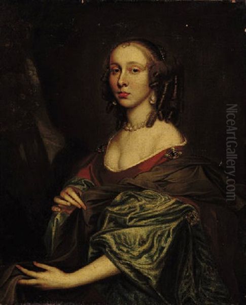 Portrait Of A Lady In An Orange Dress With Green Sleeves Oil Painting by John Hayls