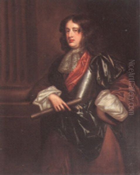 Portrait Of A Gentleman, Beside A Column, Wearing Armor Oil Painting by John Hayls