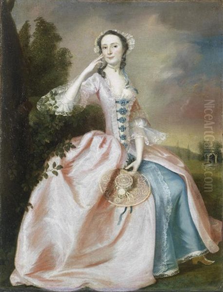 Portrait Of A Lady, Full-length, Seated, In A Pink And Blue Dress In A Landscape Oil Painting by Francis Hayman