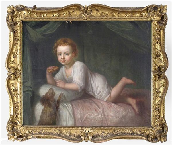 Portrait Of Charles Bedford (1742/3-1814) As A Child, Reclining On A Bed, Eating A Biscuit, His Dog Jumping Up Oil Painting by Francis Hayman