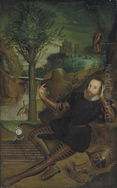 Portrait Of Peregrine Bertie, 13th Lord Willoughby De Eresby (1555-1601), Full-length, In A Black Doublet And Pantaloons, Wearing Damascened Armour, In A Wooded River Landscape By A Waterfall, With A Bridge And A Castle Beyond Oil Painting by Francis Hayman