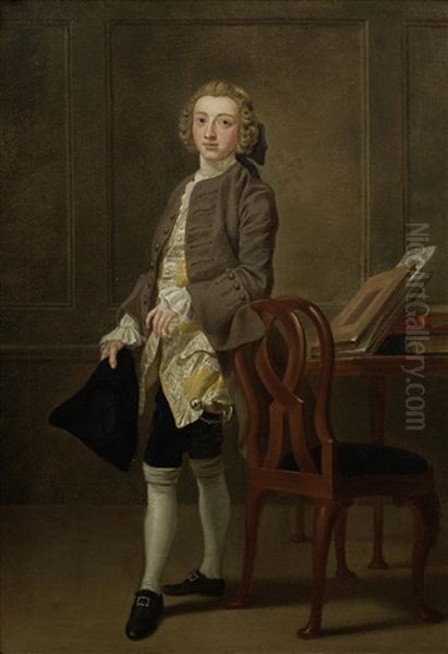 Portrait Of John Barber, Full-length, In A Brown Coat And Yellow Waistcoat, Standing, Holding A Tricorn Hat, In An Interior Oil Painting by Francis Hayman