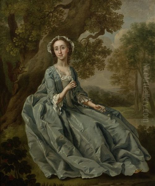 Portrait Of Elizabeth Barber, Full-length, Seated, In A Blue Dress And White Cap, Holding A Spinning Bobbin Oil Painting by Francis Hayman