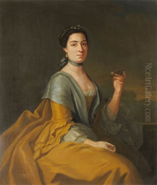 Portrait Of Peg Woffington, Seated On A Terrace, Holding An Oyster In Her Left Hand Oil Painting by Francis Hayman