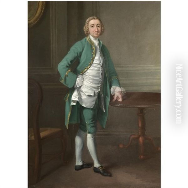 Portrait Of A Gentleman (mr Goodyear St. John?), Full Length, Standing By A Table, Wearing A Green Suit With A White Silk Waistcoat Oil Painting by Francis Hayman