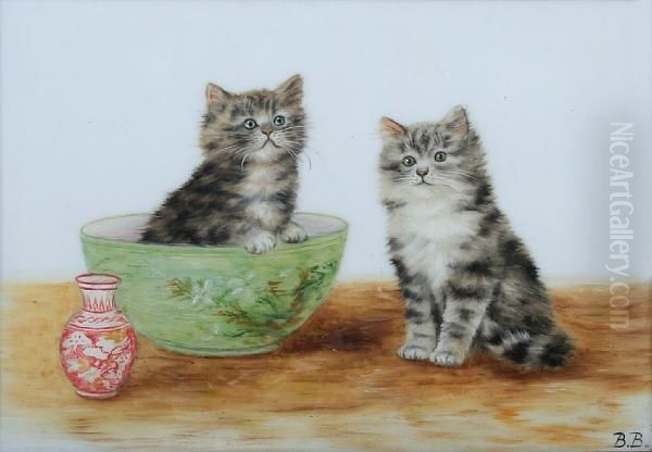 Two Kittens And An Oriental Bowl Andvase Oil Painting by Bessie, Betsie Bamber