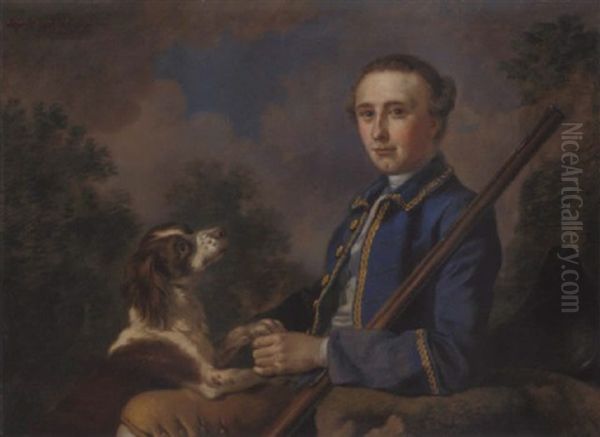 Portrait Of Sir Henry Paulet St. John, Bt., Seated In A Landscape With His Gun And Spaniel Oil Painting by Francis Hayman