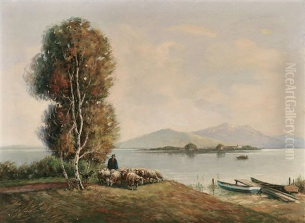 Chiemsee-landschaft Mit Schafer Und Seiner Herde. Blick Auf Frauenchiemsee Und Ferne Berge Oil Painting by Ernst Haymann