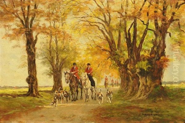 Reiter Mit Hundemeute Auf Herbstlicher Allee Oil Painting by Ernst Haymann