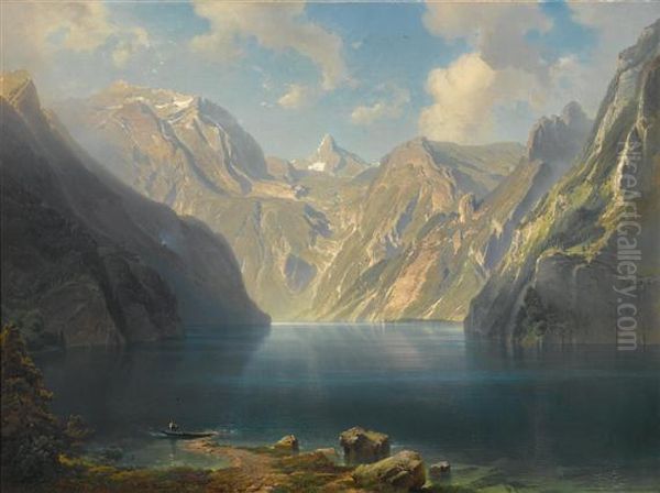 Konigsee With View Over The Bartholomaus Oil Painting by Friedrich Bamberger