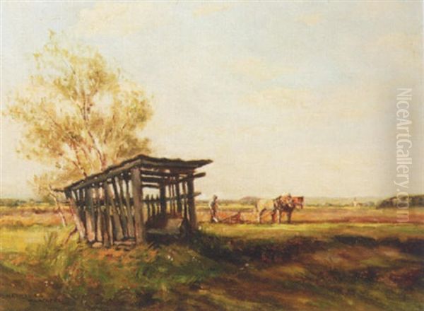 Pflugender Bauer Mit Dorf Im Hintergrund Oil Painting by Ernst Haymann