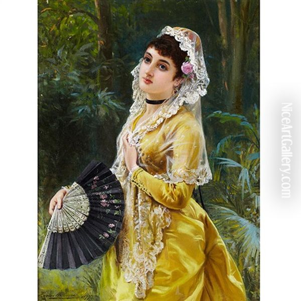 La Rubia (beauty In Yellow Holding A Fan) Oil Painting by John Haynes-Williams