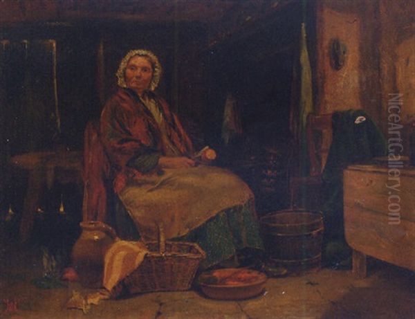 An Old Lady Slicing Vegetables In A Kitchen Interior Oil Painting by John Haynes-Williams