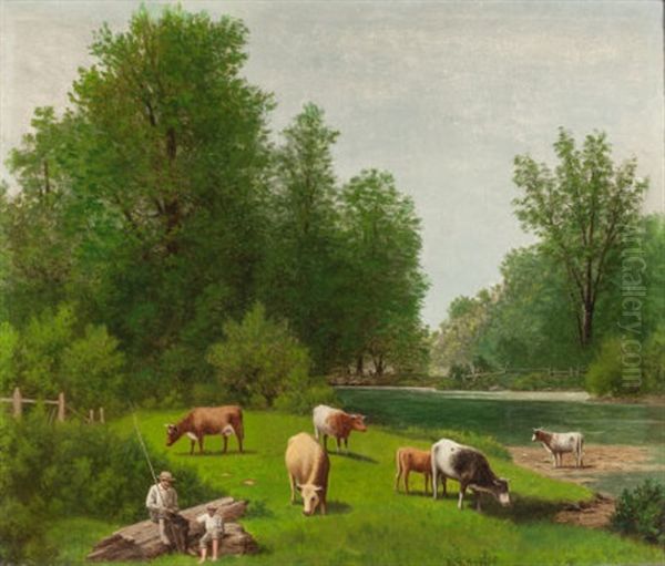 Cows Grazing Oil Painting by Barton S. Hays