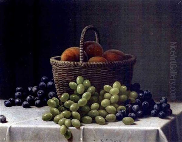 Basket Of Peaches And Grapes On A Table Oil Painting by Barton S. Hays