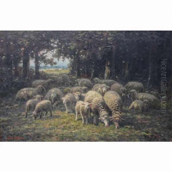 Sheep Grazing At The Edge Of A Wood Oil Painting by George Arthur Hays