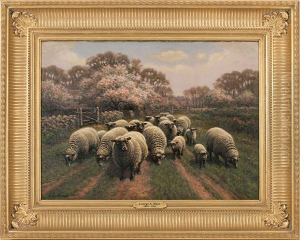 Sheep On A Country Road Lined With Cherry Blossoms Oil Painting by George Arthur Hays