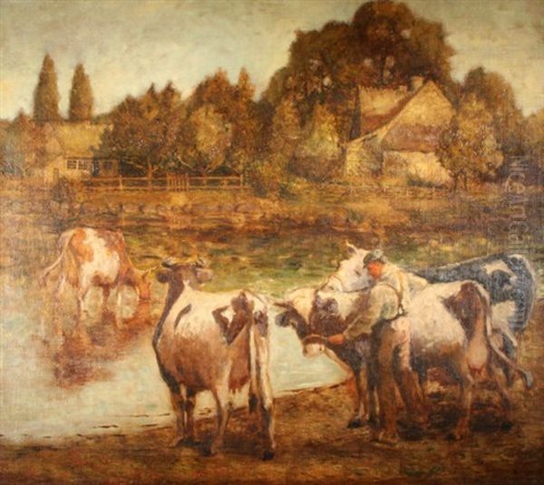 New England Farm With Cows Oil Painting by George Arthur Hays