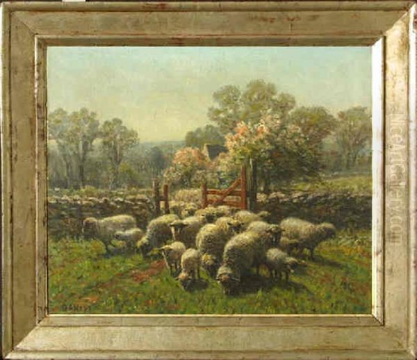 Sheep In Pastoral Cottage Landscape Oil Painting by George Arthur Hays