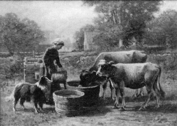 Woman Feeding The Calves Oil Painting by George Arthur Hays