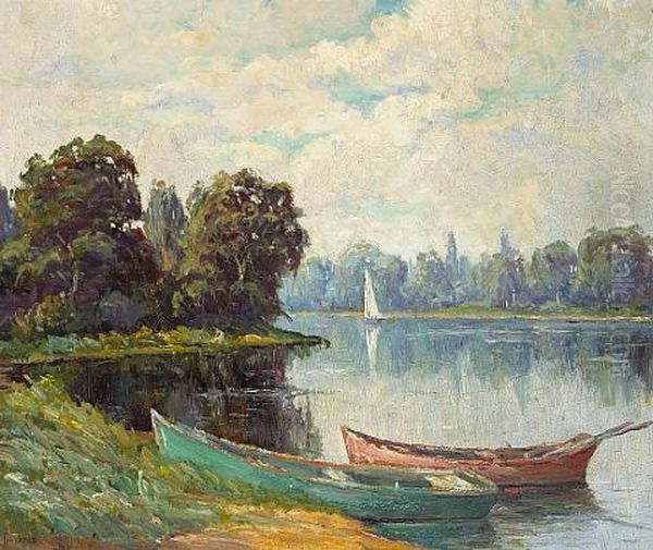 Rowboats On A Lakeshore Oil Painting by Lee Hays