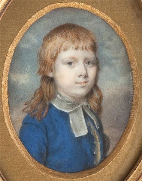 A Portrait Miniature Of A Young Boy Wearing A Blue Coat And White Bands Oil Painting by Charles Hayter