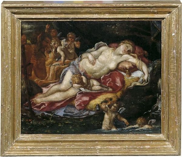 Venere Dormiente Con Amorini E Un Satiro Oil Painting by Pietro Santi Bambocci