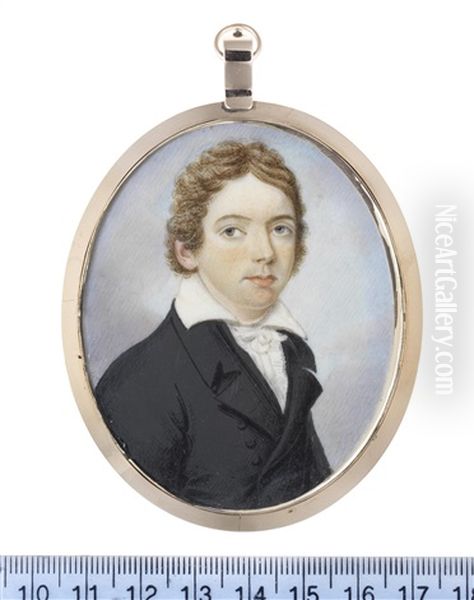 A Portrait Of A Young Gentleman, Generally Accepted As John Keats, Wearing Black Double-breasted Coat And Waistcoat, White Frilled Chemise, Stock And Tie Oil Painting by Charles Hayter