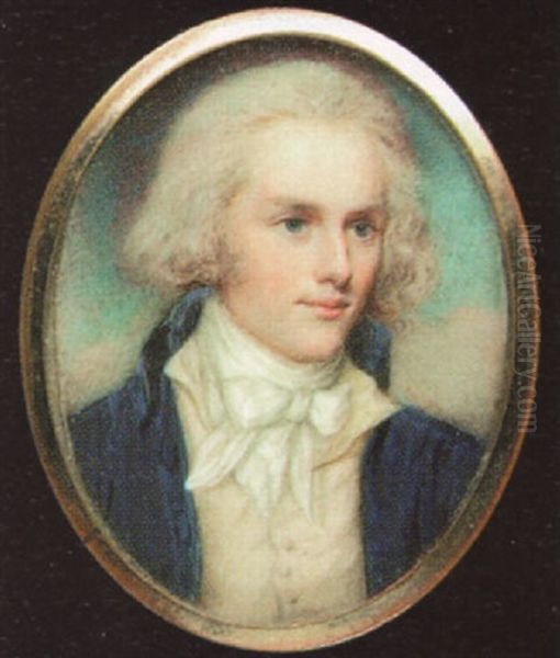 A Young Gentleman, With Powdered Hair, Wearing Blue Coat, Cream Waistcoat And Tied White Cravat Oil Painting by Charles Hayter